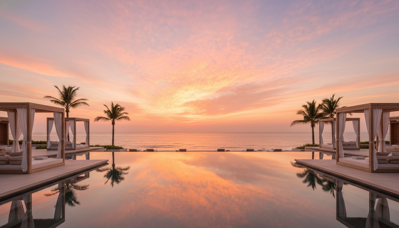 Luxurious beach resort at sunset with warm orange and pink hues over water, creating a serene and aspirational backdrop.